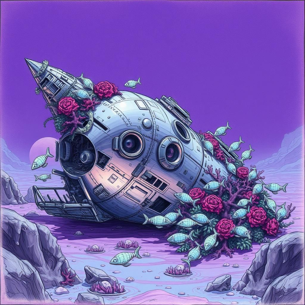 Crashed Spaceship on Alien Planet in Digital Sketch Style
