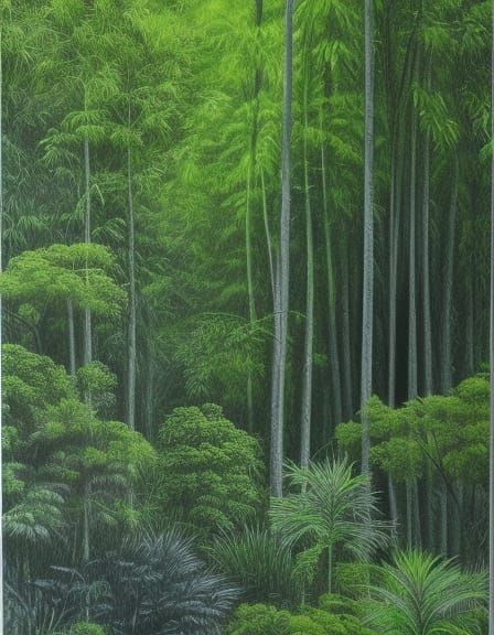 Lush Subtropical Forest Charcoal Drawing