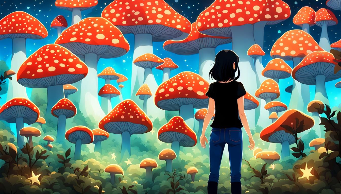 Whimsical Woman in Fantastical Forest, Anime-Style