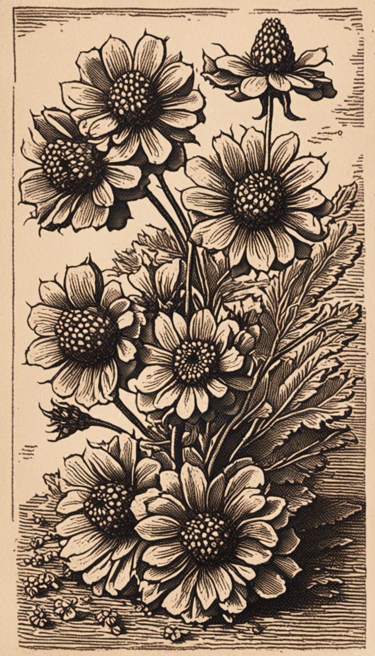 Woodcut Strawberry Flowers in Old World Print Style