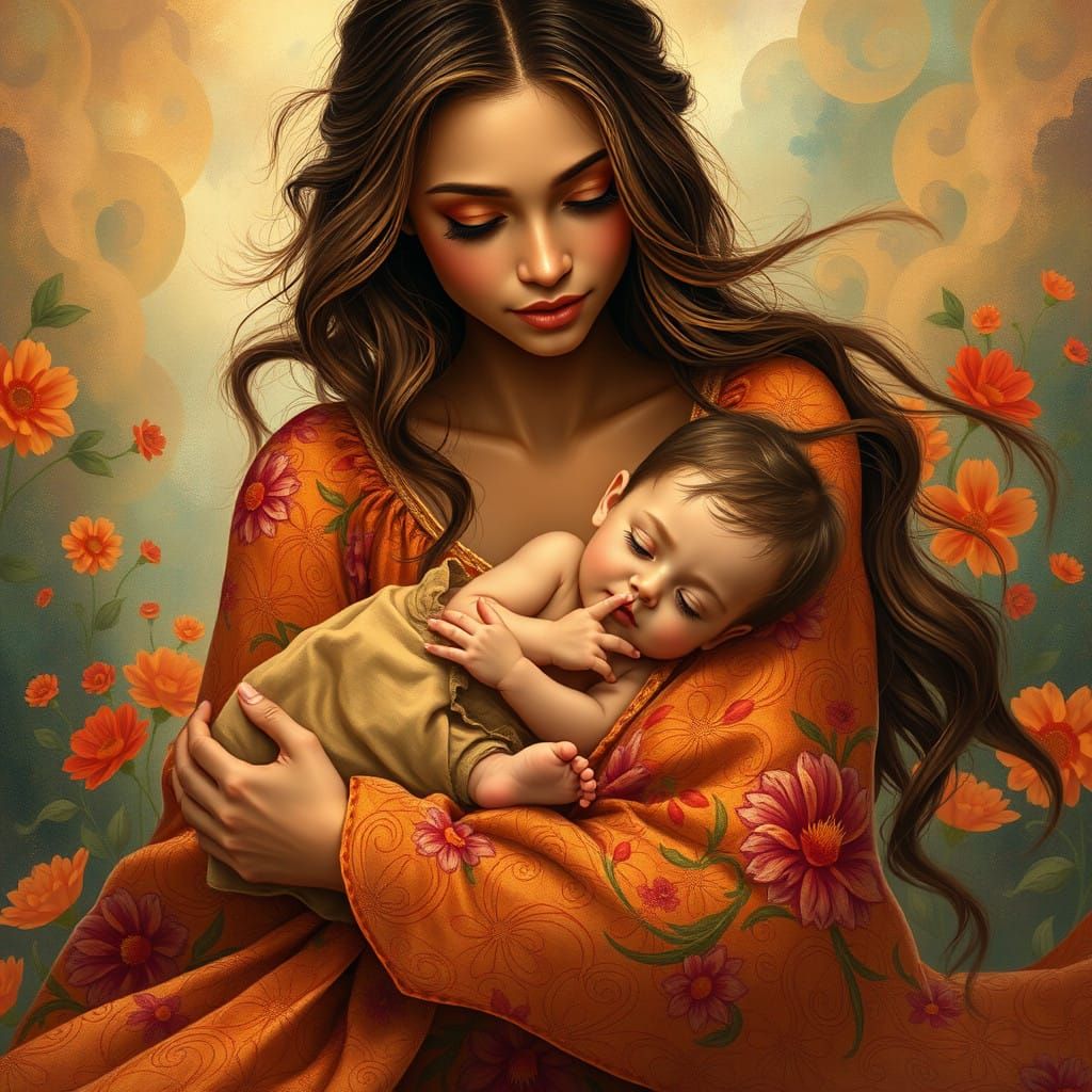 Enchanted Mother and Child in Vibrant Fantasy Landscape