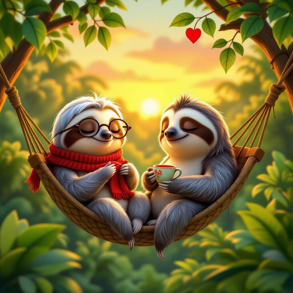 Elderly Sloth Couple Relaxing in Jungle Hammock