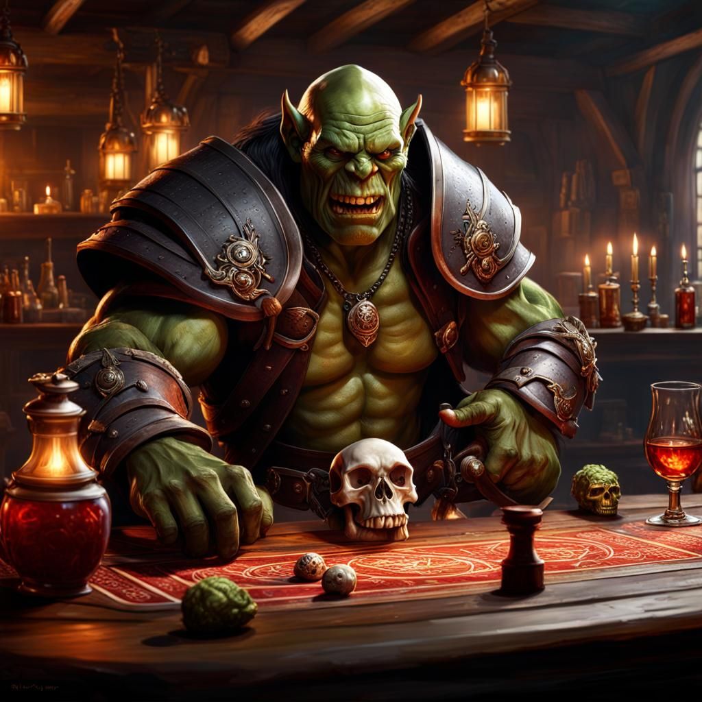 Furious Orc Table Flip in Chaotic Tavern, Fantasy Art