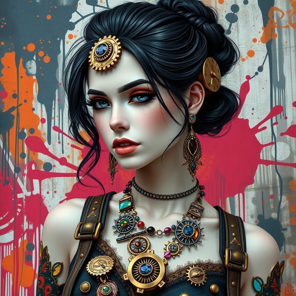 Steampunk Goddess in Vibrant Graffiti Wonderland