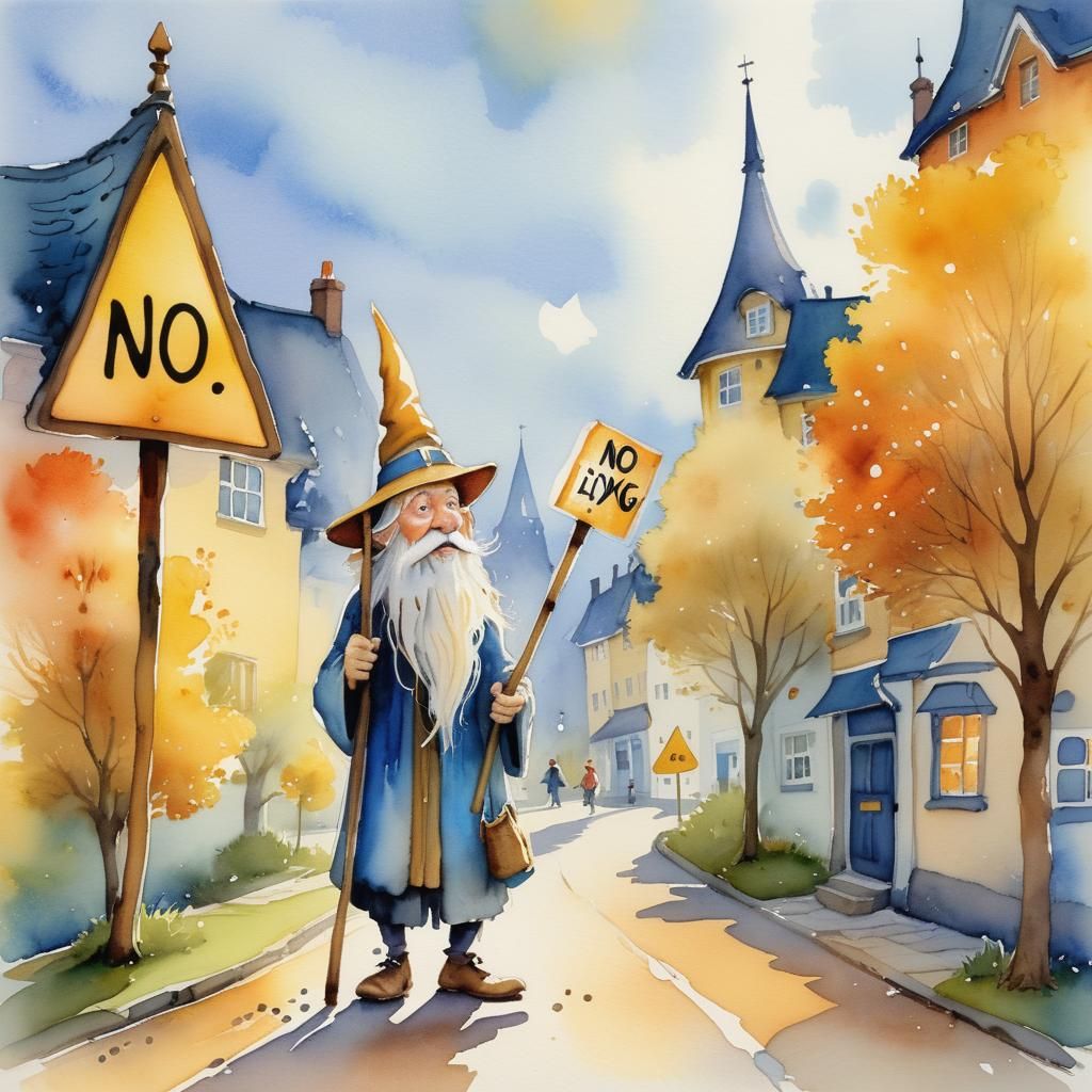 Wizard Encounters No Flying Sign in Watercolor Illustration