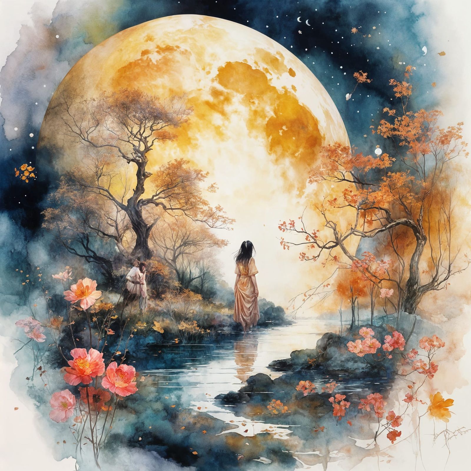 Golden Moon Over Lake: Surreal Watercolor Art