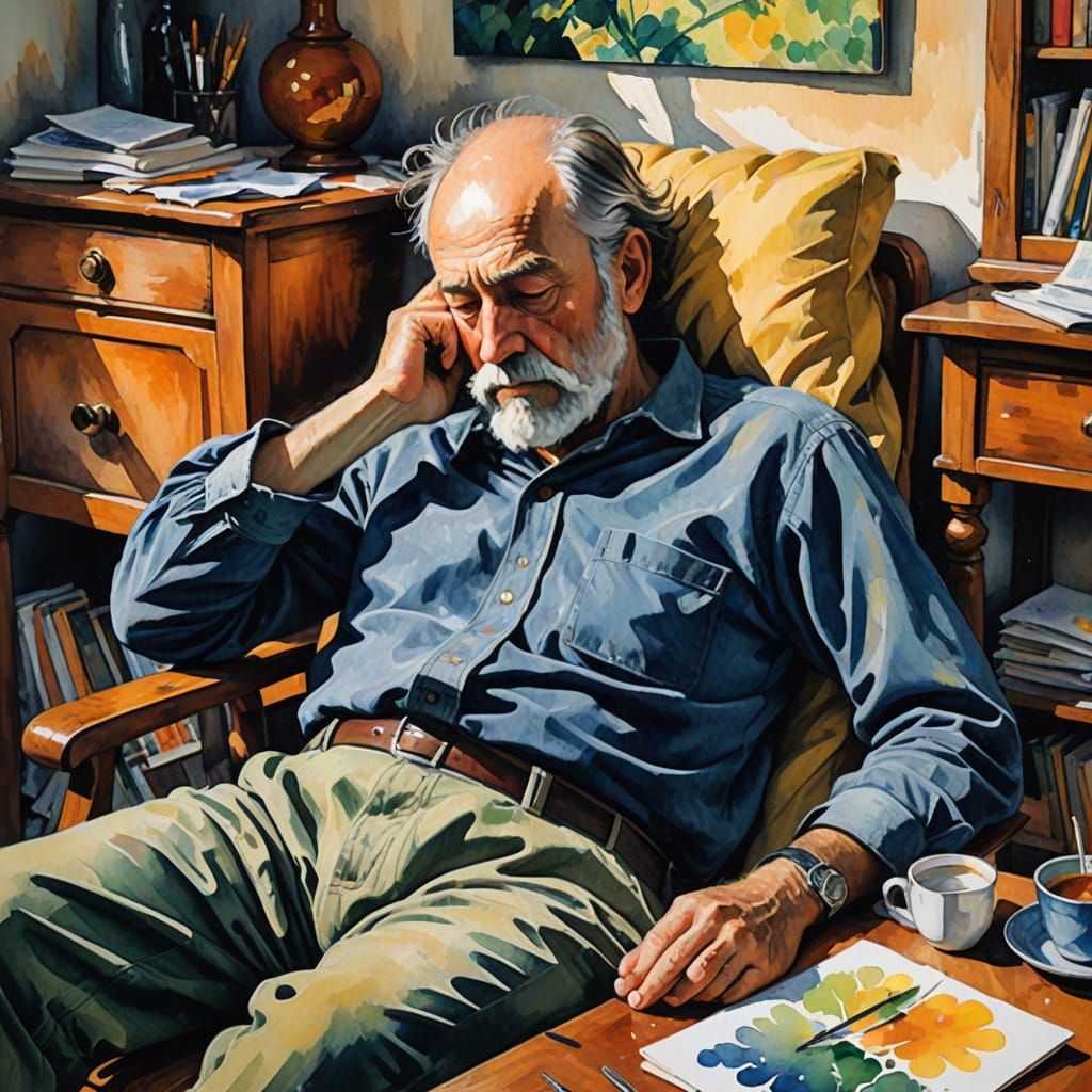 Snoozing Under Warm Sunlight in a Study, in Gouache Style