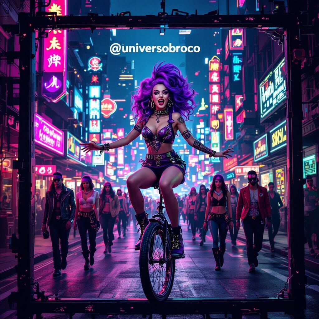 Purple-Haired Unicyclist in Neon Brocolandia City