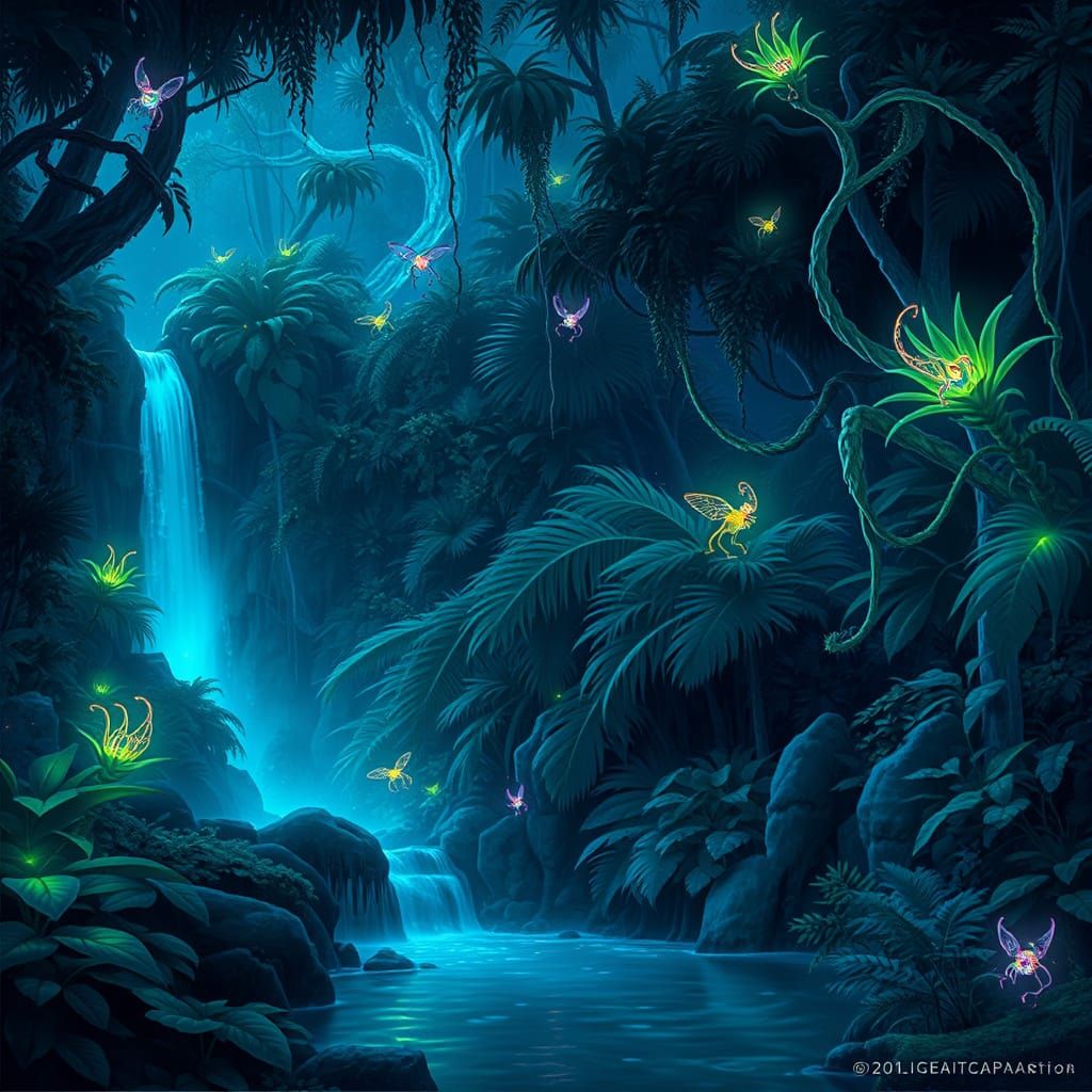 Bioluminescent Forest at Night with Glowing Creatures