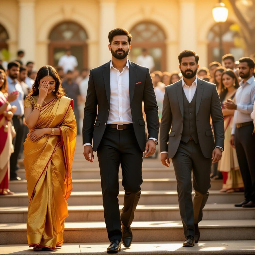 Man Exiting Courthouse into Golden Sunlight, Cinematic 3D St...