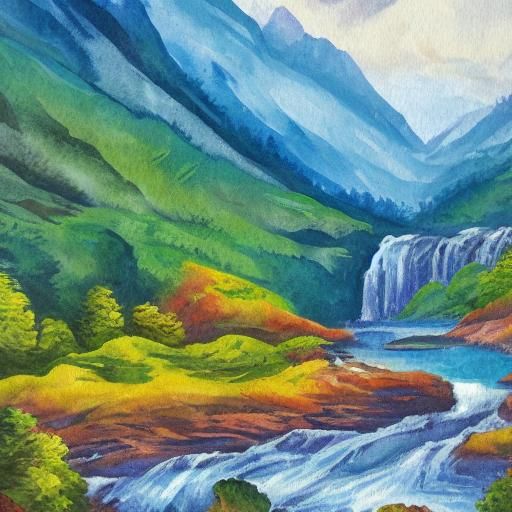 Waterfall and Mountains in Gouache Watercolor Style
