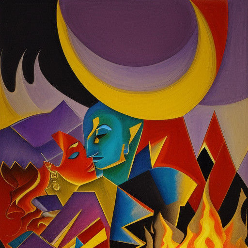 Tender Couple Embracing in Moonlit Silver and Warmth of Fire