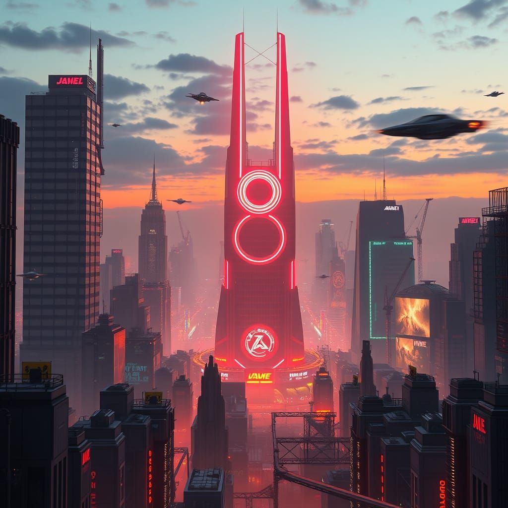Gigantic Neon 8 Towers Over Futuristic Cityscape