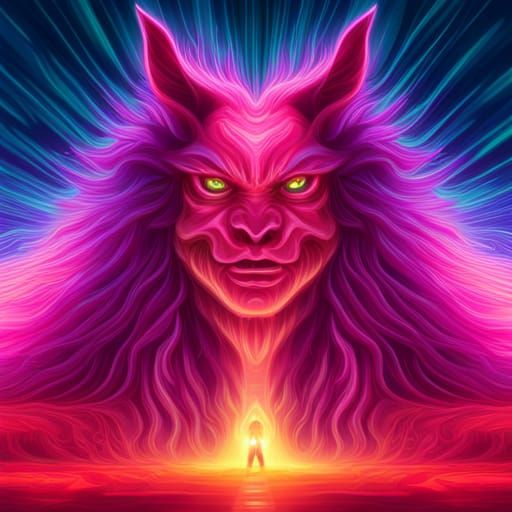 Glitchy Psychedelic Monster in Synthwave Neon Retro Style