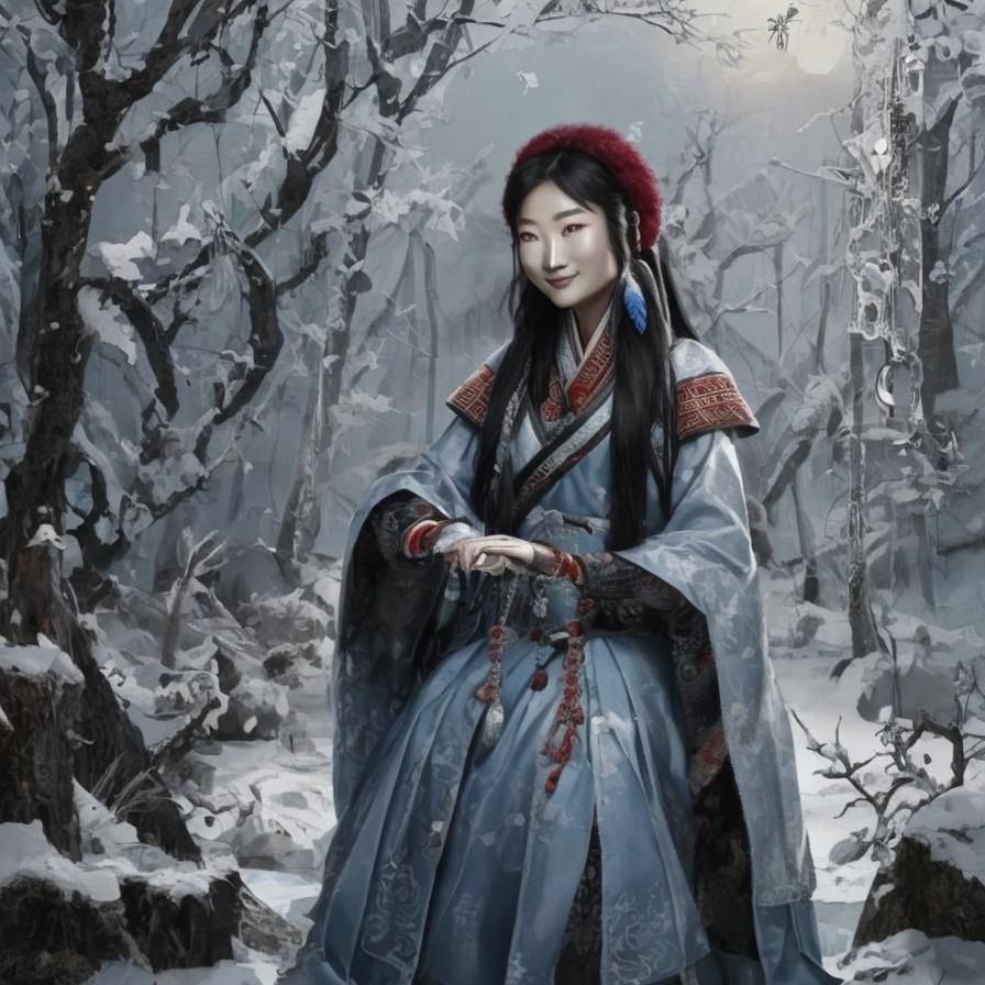 Beautiful Asian Hunter Girl in Winter Forest