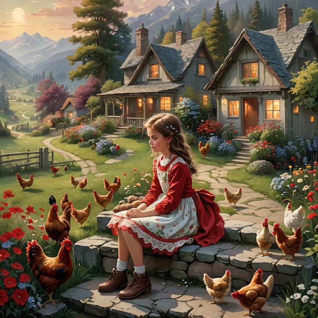 Ethereal Cottage Scene with Girl in Red Dress