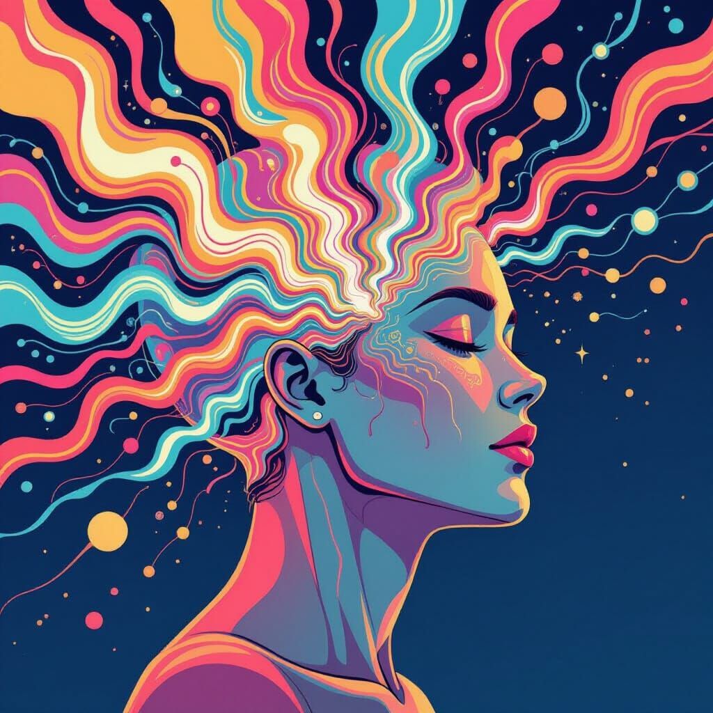 Whimsical Human Head with Digital Patterns and Lights