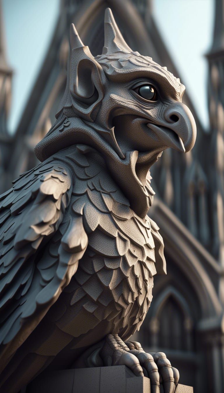 Gothic Gargoyle with Sparrow in Detailed 8K