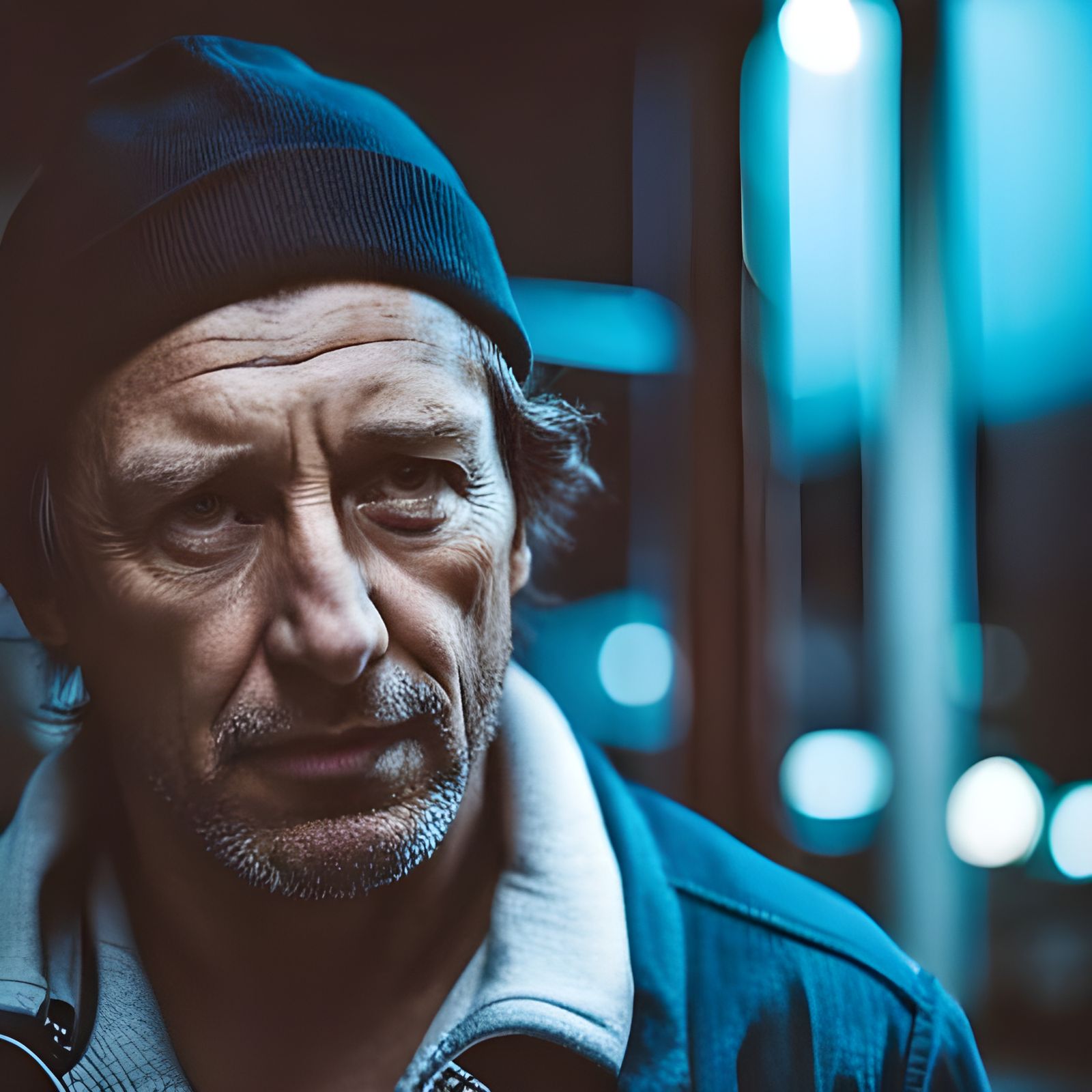 Rugged Man in Denim Jacket in Urban Setting