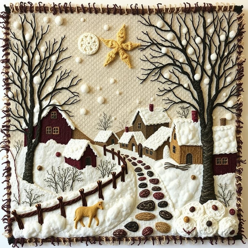 Winter Village Tapestry in Mixed Media Textile Collage