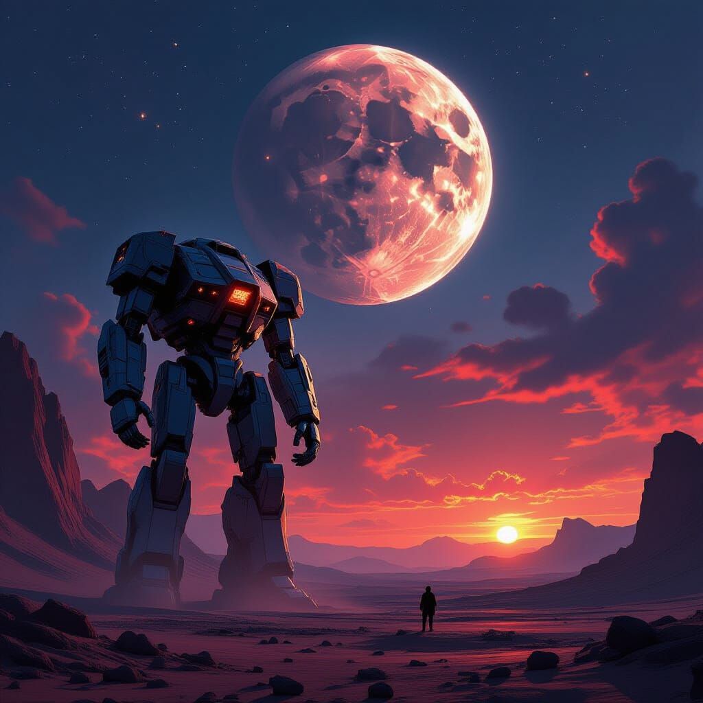 Giant Mech on Alien Planet Gazing at Shattered Moon