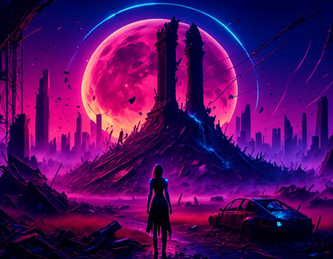 Cyberpunk Cyborg Jumps for Joy in Ruined City