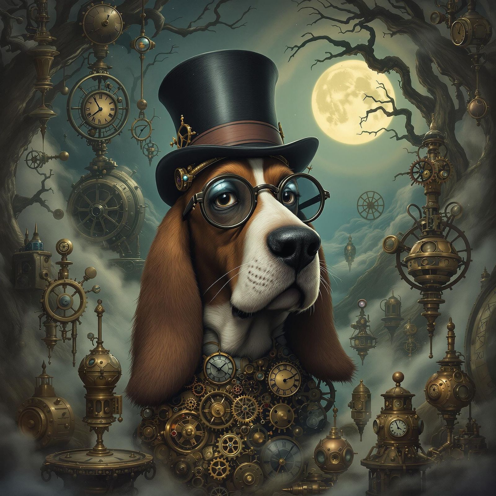 Steampunk Basset Hound in Surreal Landscape
