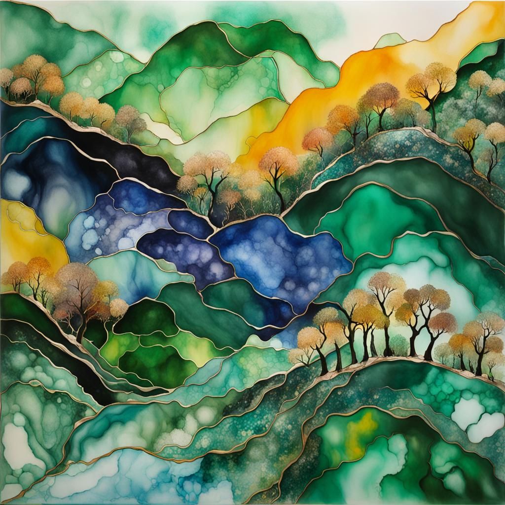 Emerald Alcohol Ink Landscape with Copper Trees