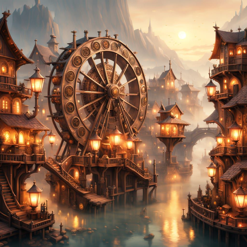 Steampunk Waterwheel Powers Fantasy Village Amidst Foggy Lan...