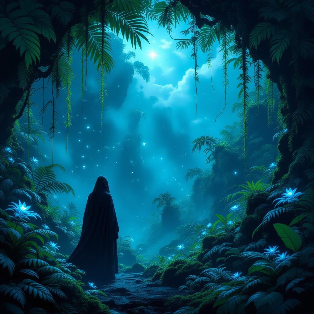 Figure in Bioluminescent Alien Jungle at Twilight
