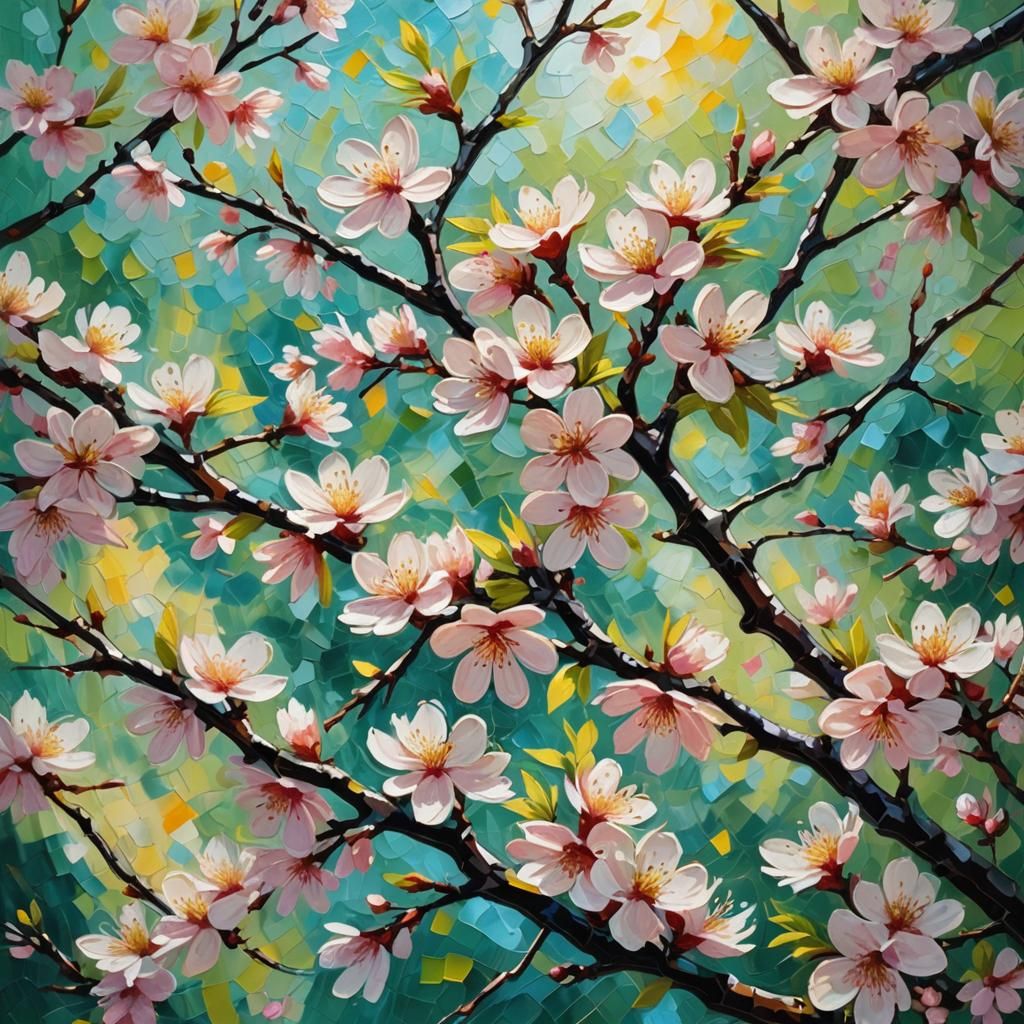 Neo-Impressionistic Cherry Blossoms in Bloom as Impasto Pain...