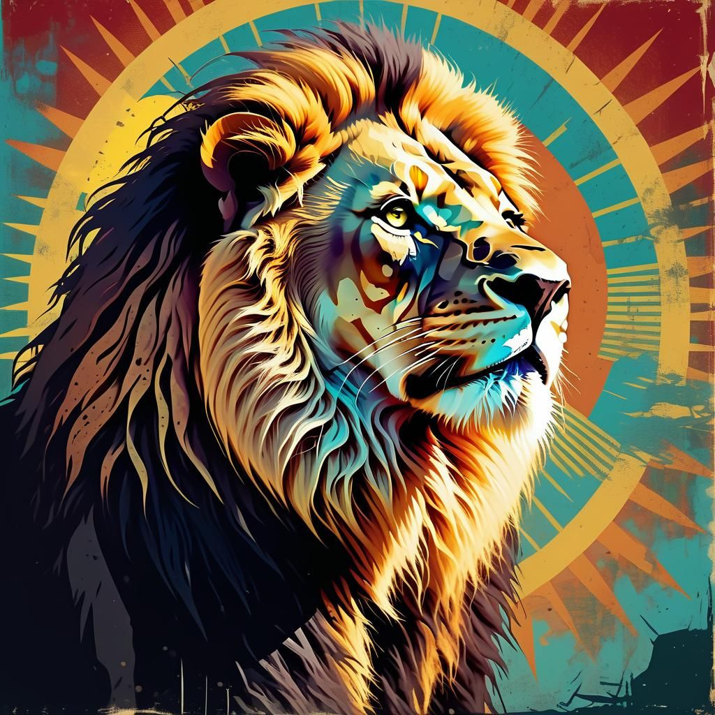 Lion and Rising Sun in Pop Art Grunge Style