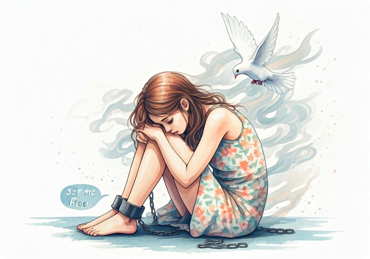 Sad Girl in Chains with Dove, Watercolor Style