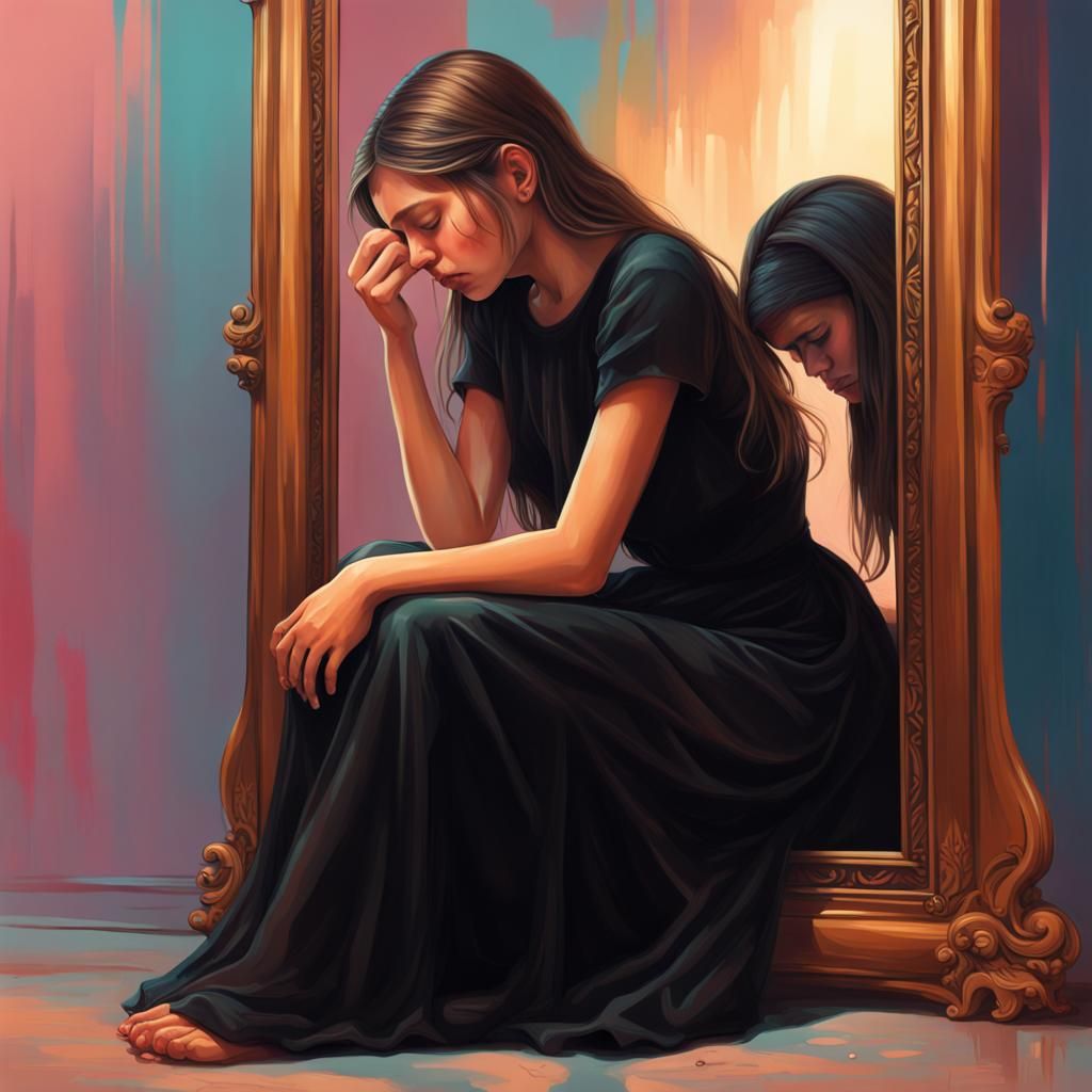 Grief-stricken Girl Beside Mirror in Hyperrealistic Style