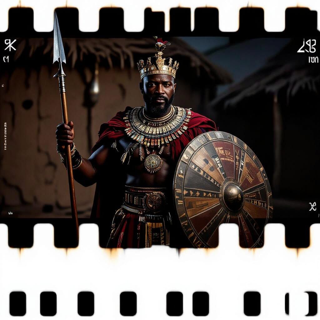 Proud African King Defends Village with Spear and Shield