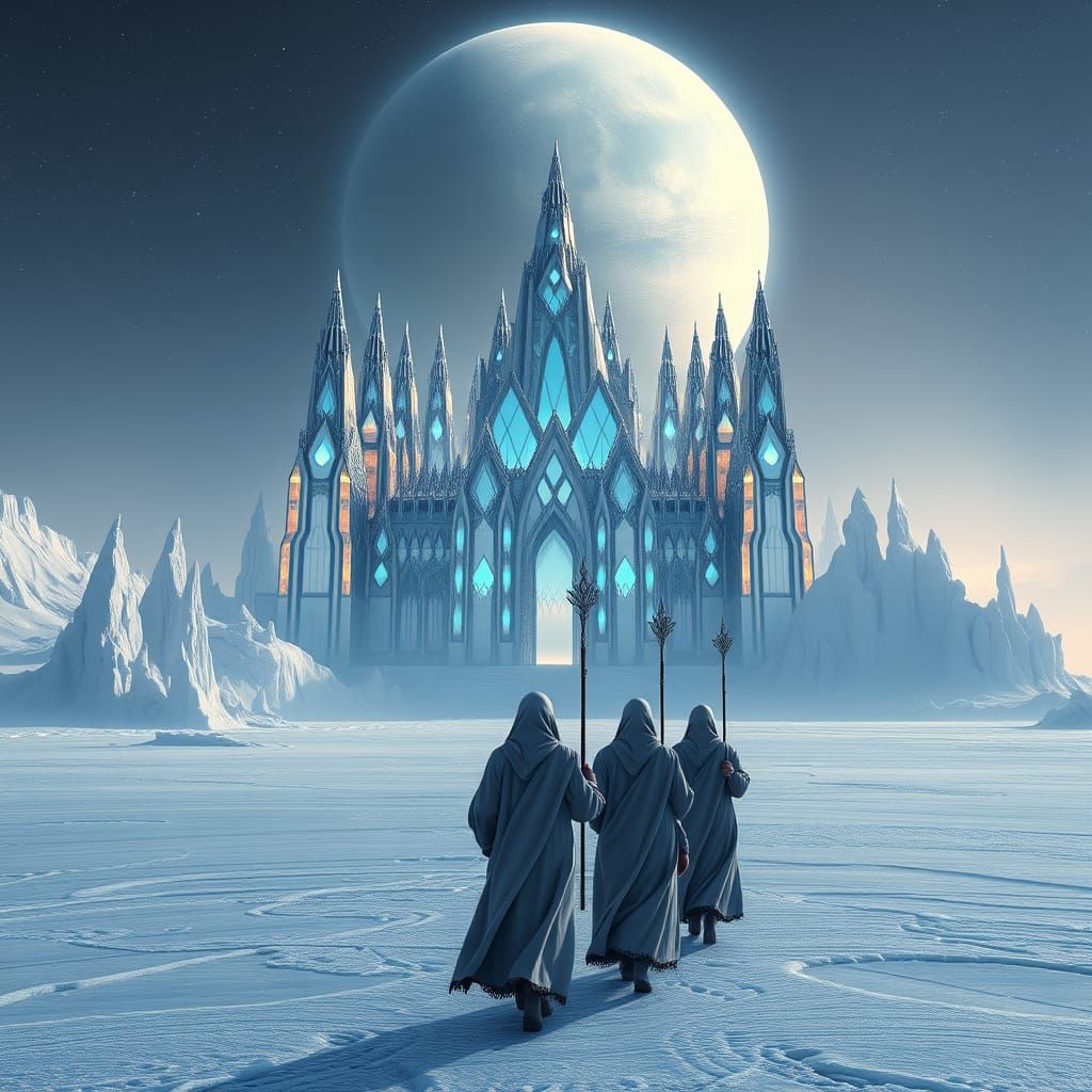 Ethereal, Iridescent Landscape with Gaudí-Inspired Cathedral