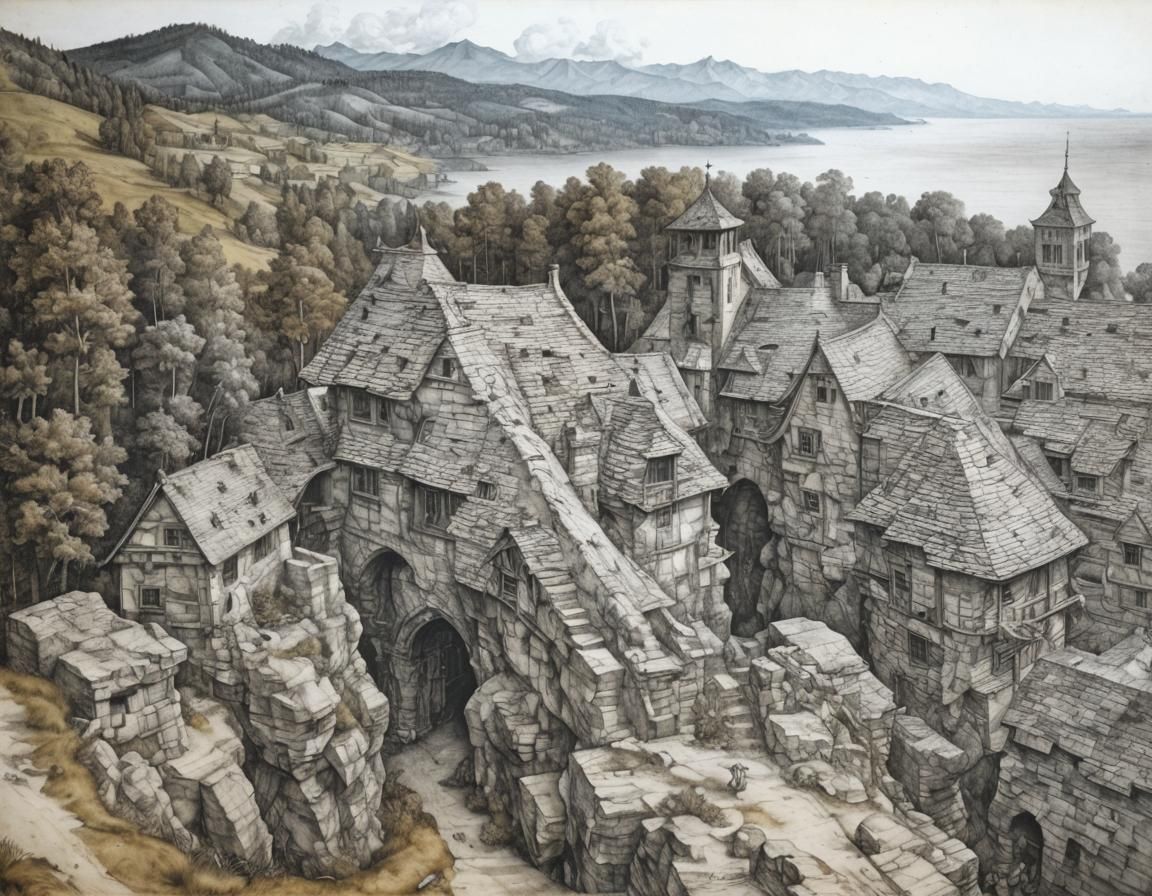 Dwarfish Town in Charcoal Drawing Style