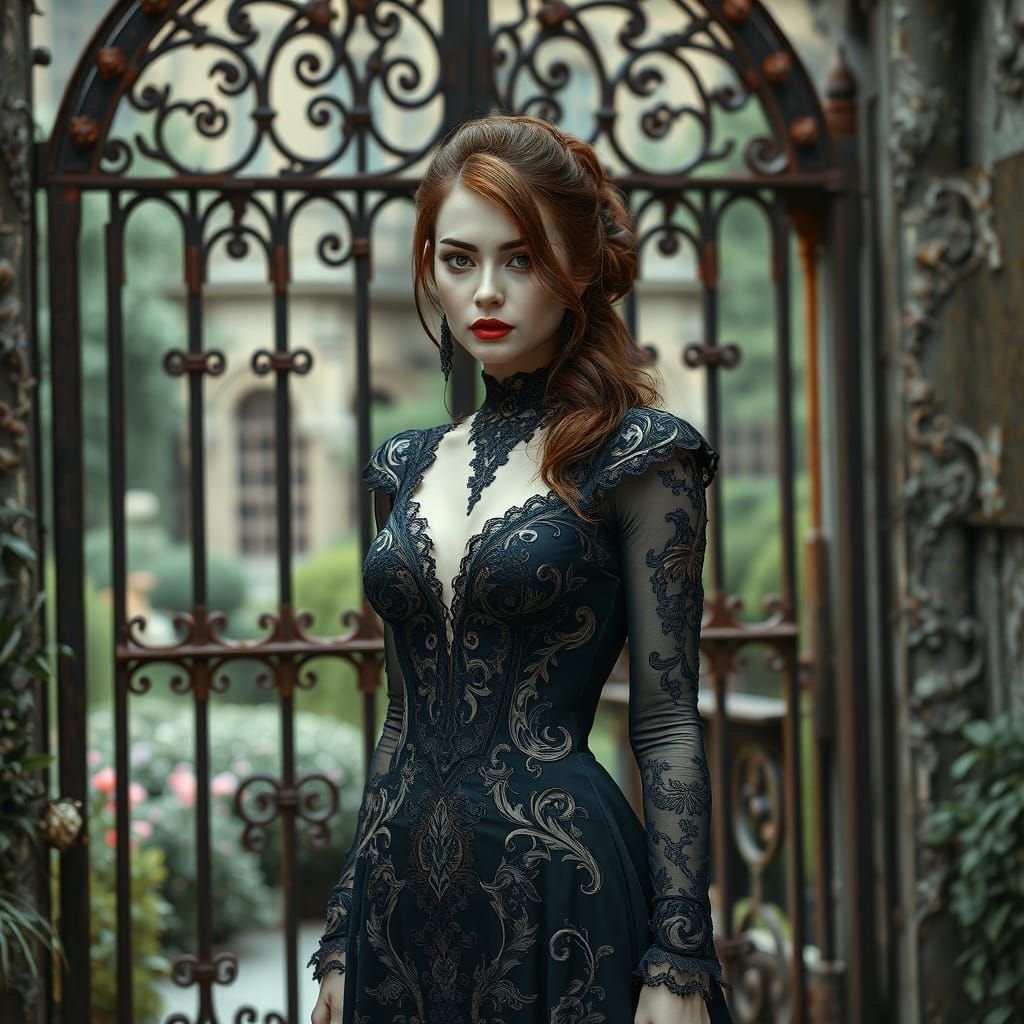 Gothic Woman at Garden Gate in Romantic Realism