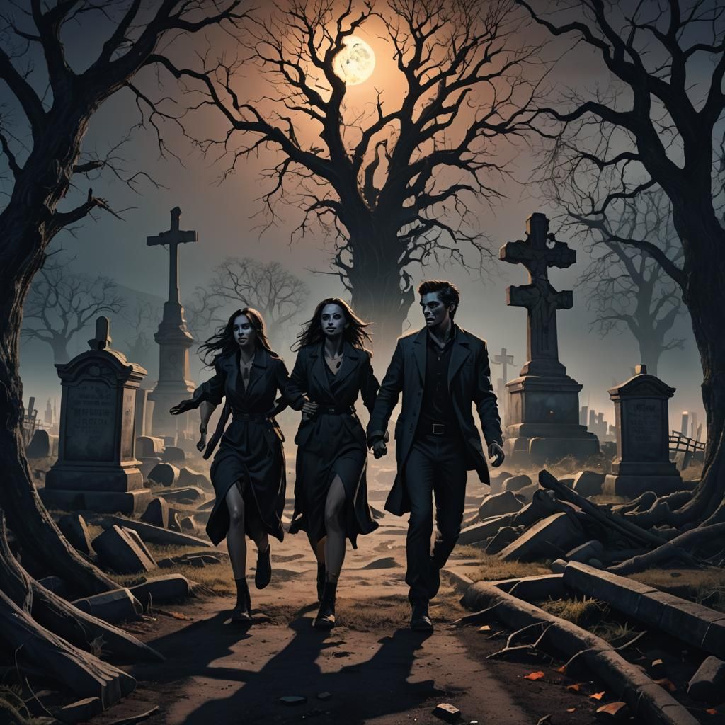 Couple Fleeing Cemetery in Dark Fantasy Digital Art
