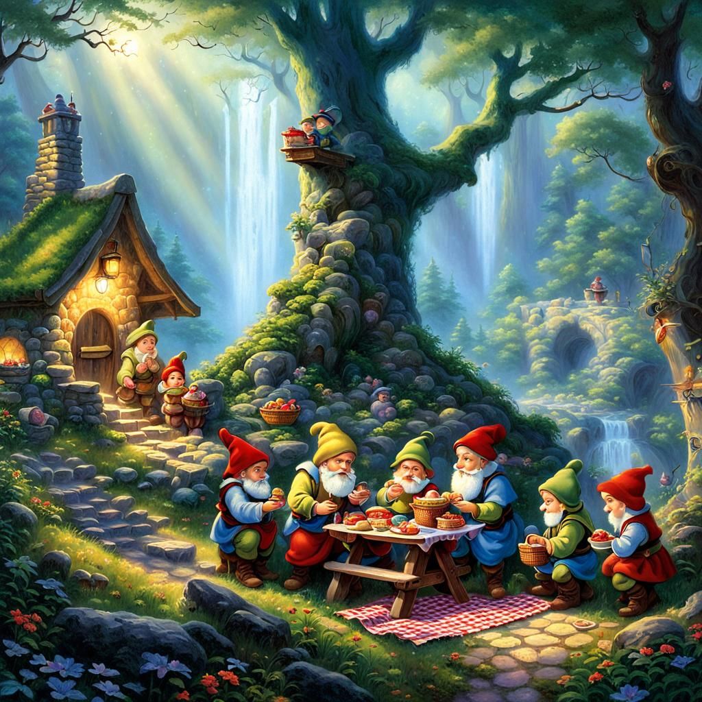 Dwarfs' Picnic in Enchanted Woods, Ethereal Fantasy Style