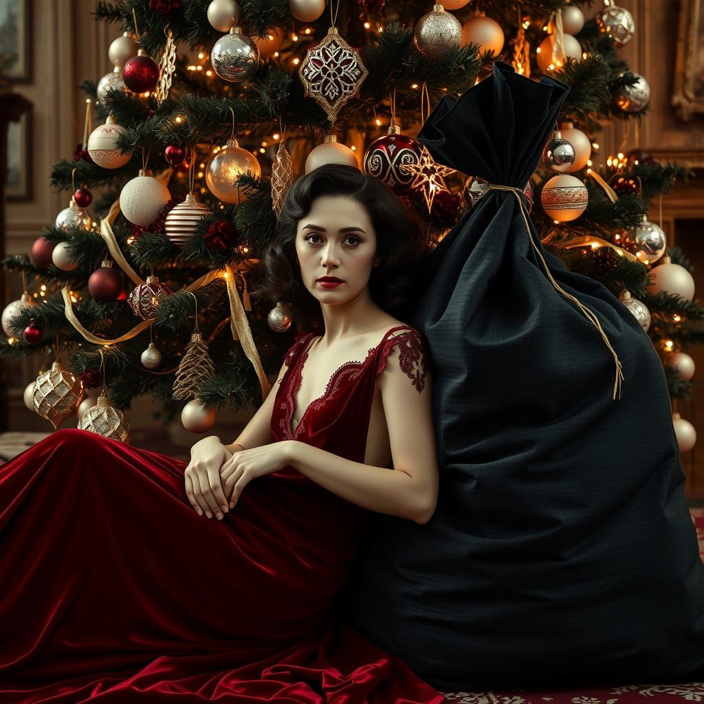 Elegant Woman with Christmas Tree and Vintage Sack in High-C...
