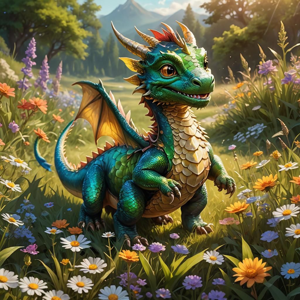 Smiling Baby Dragon Walks in Sunlit Field