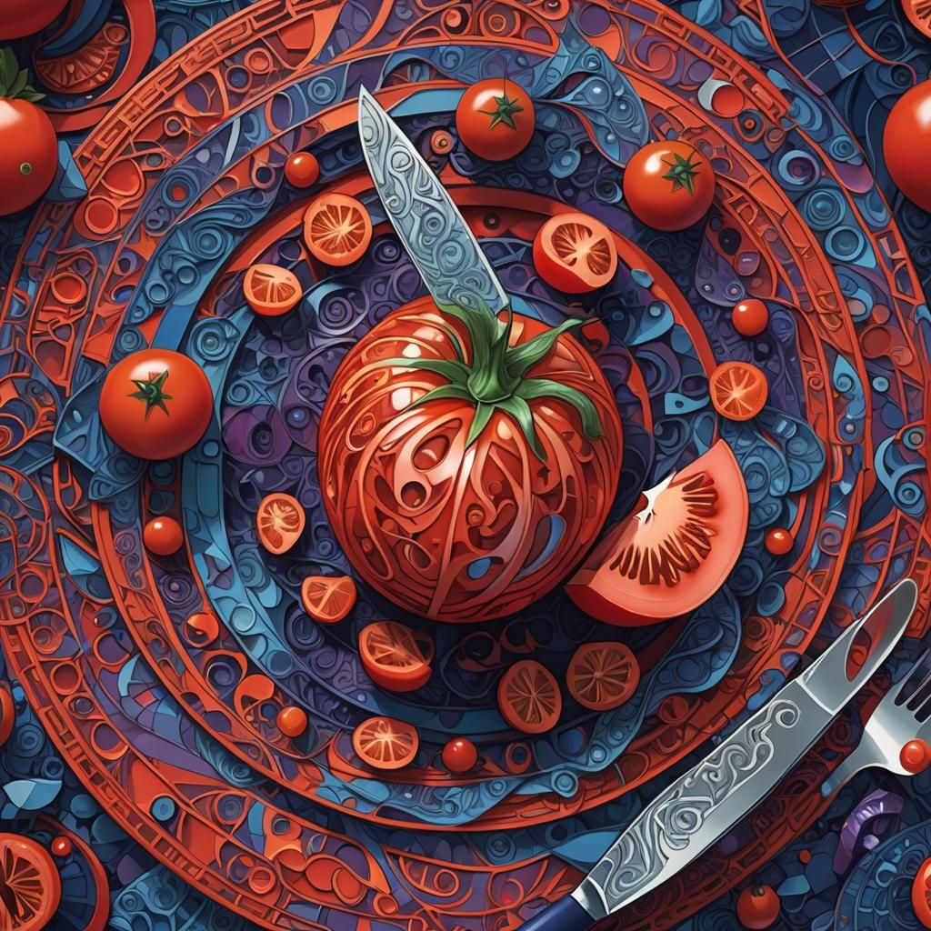Tomato Sliced by Magic Knife: Surreal Digital Art