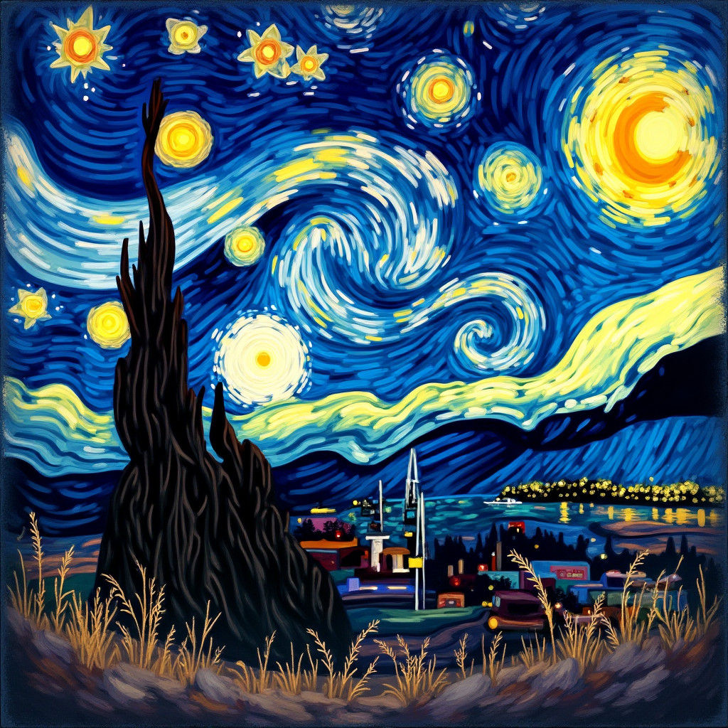 Starry Night Landscape as Impasto Painting