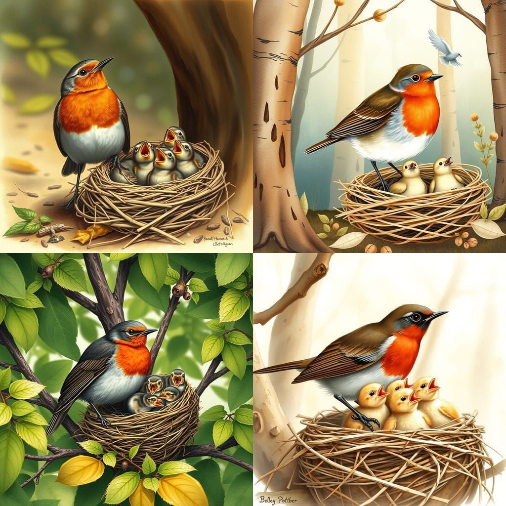 Robin Displays Fledglings Clamoring for Food