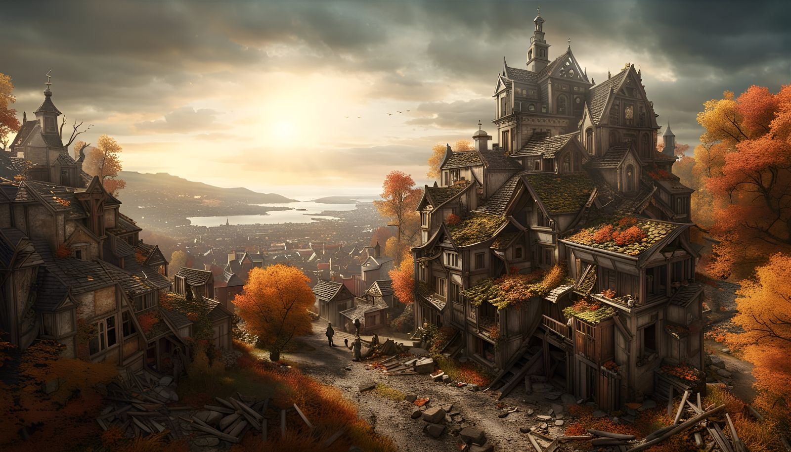 Ruined Autumn Town: Detailed Fantasy Landscape