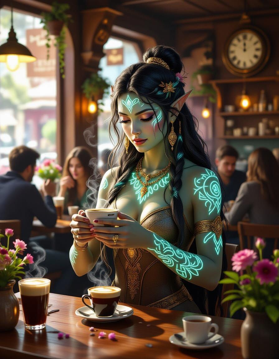 Fantasy Being Makes Espresso in Cozy Cafe
