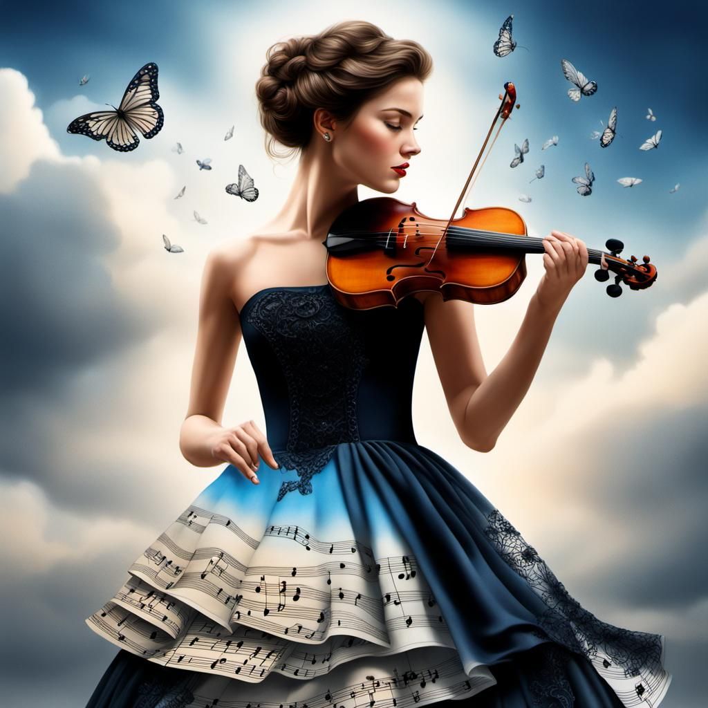 Beautiful Woman in Musical Dress with Rainbow Sky