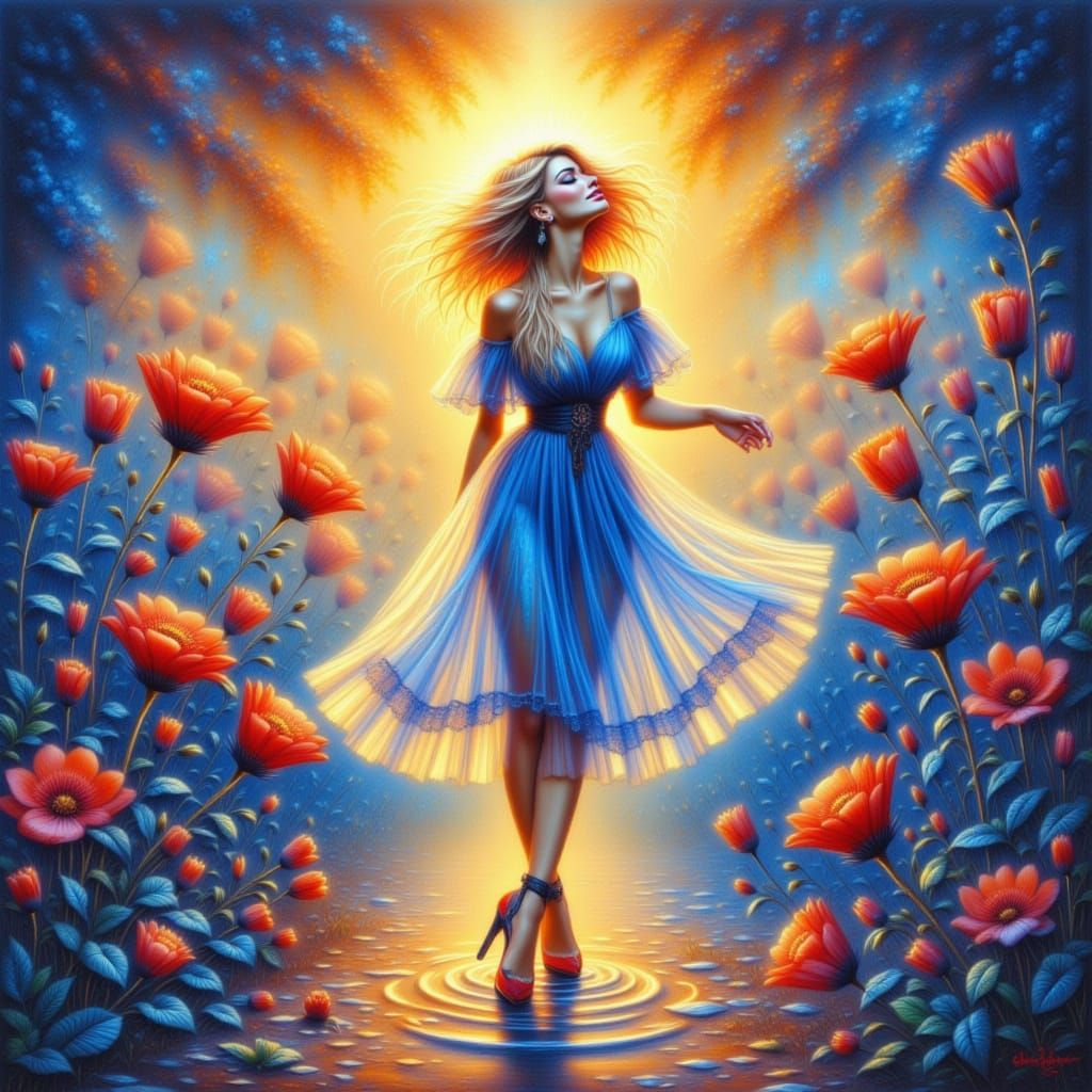 Ethereal Woman in Blue Light Amidst Radiant Flowers