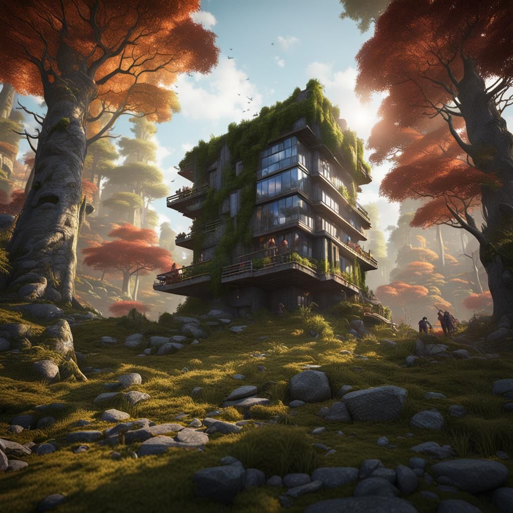 Cabin Skyscraper in Forest: Detailed Matte Painting